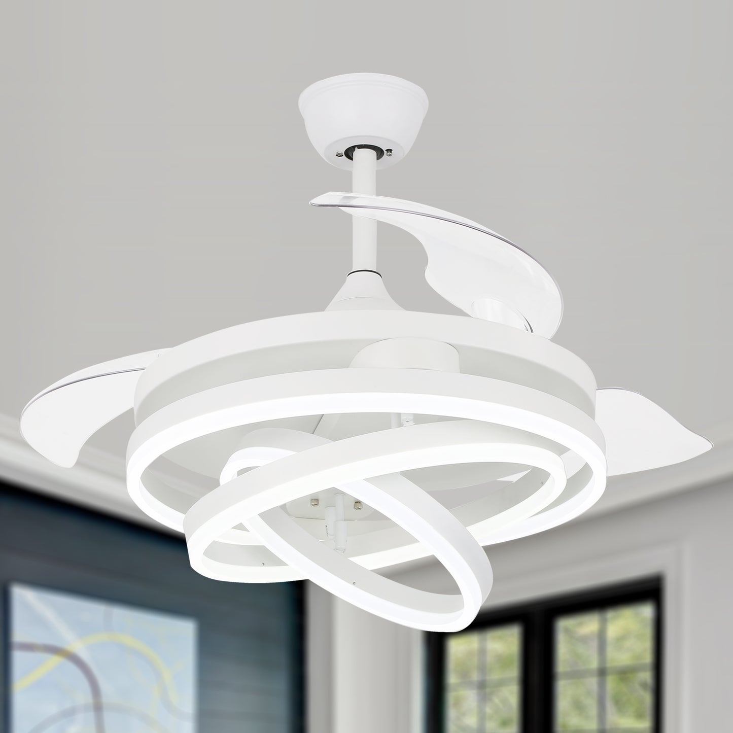 42" Indoor Modern Retractable LED Ceiling Fan with Remote Control and Dimmable Light
