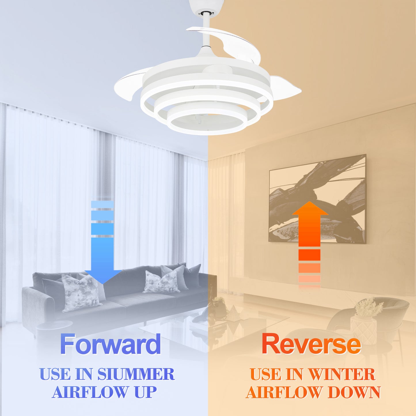 42" Indoor Modern Retractable LED Ceiling Fan with Remote Control and Dimmable Light