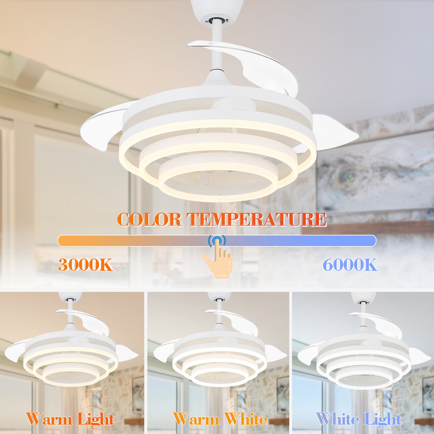 42" Indoor Modern Retractable LED Ceiling Fan with Remote Control and Dimmable Light