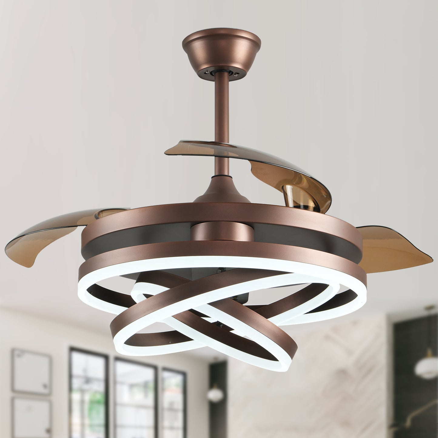 42" Indoor Modern Retractable LED Ceiling Fan with Remote Control and Dimmable Light