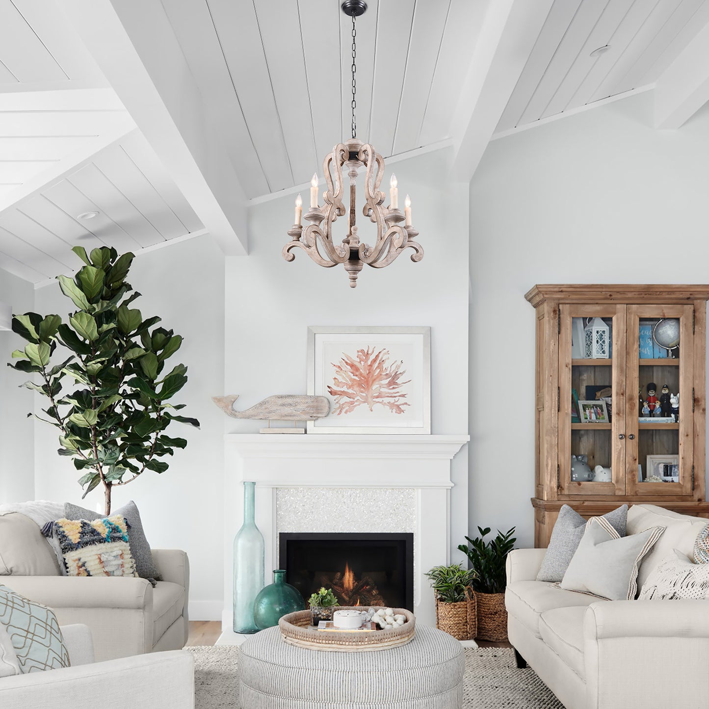 Antique 5-Light Candle Chandelier with Farmhouse Pendant Lights for Dining Room, Bedroom, and Living Room
