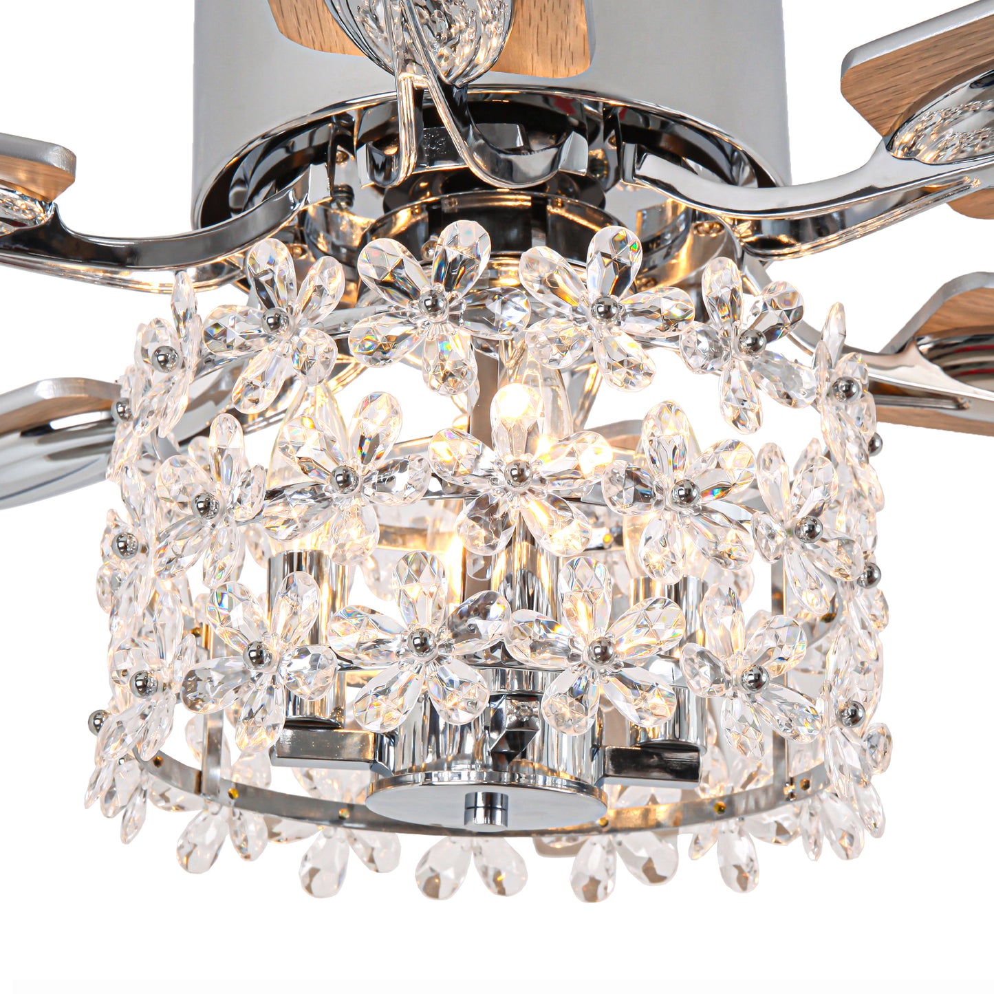 BellaDepot 65" Luxury Crystal Shape Flower Caged Ceiling Fan with Remote Control and 3 Lights, Black or Silver Silent Straight Leaf Fan for All Seasons - DC6510-B/C