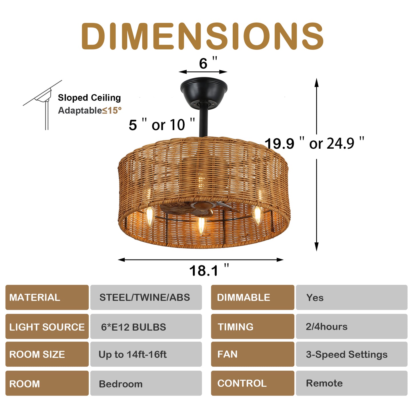 BD1804-BellaDepot 18" Rattan Series Cottage Caged Reversible Ceiling Fan with Lights Remote Control