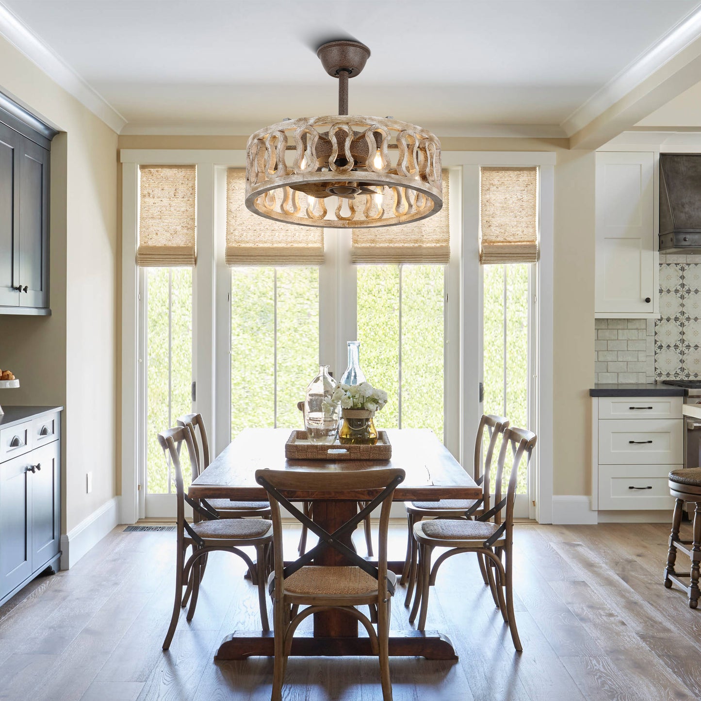 BD1808-BellaDepot 18" Distressed Caged Reversible Ceiling Fan with Remote and 6 Lights, Ceiling Fan for All Seasons