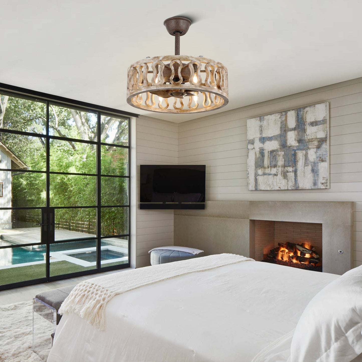 BD1808-BellaDepot 18" Distressed Caged Reversible Ceiling Fan with Remote and 6 Lights, Ceiling Fan for All Seasons