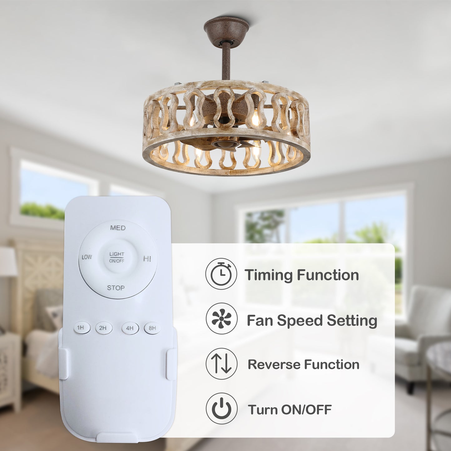 BD1808-BellaDepot 18" Distressed Caged Reversible Ceiling Fan with Remote and 6 Lights, Ceiling Fan for All Seasons