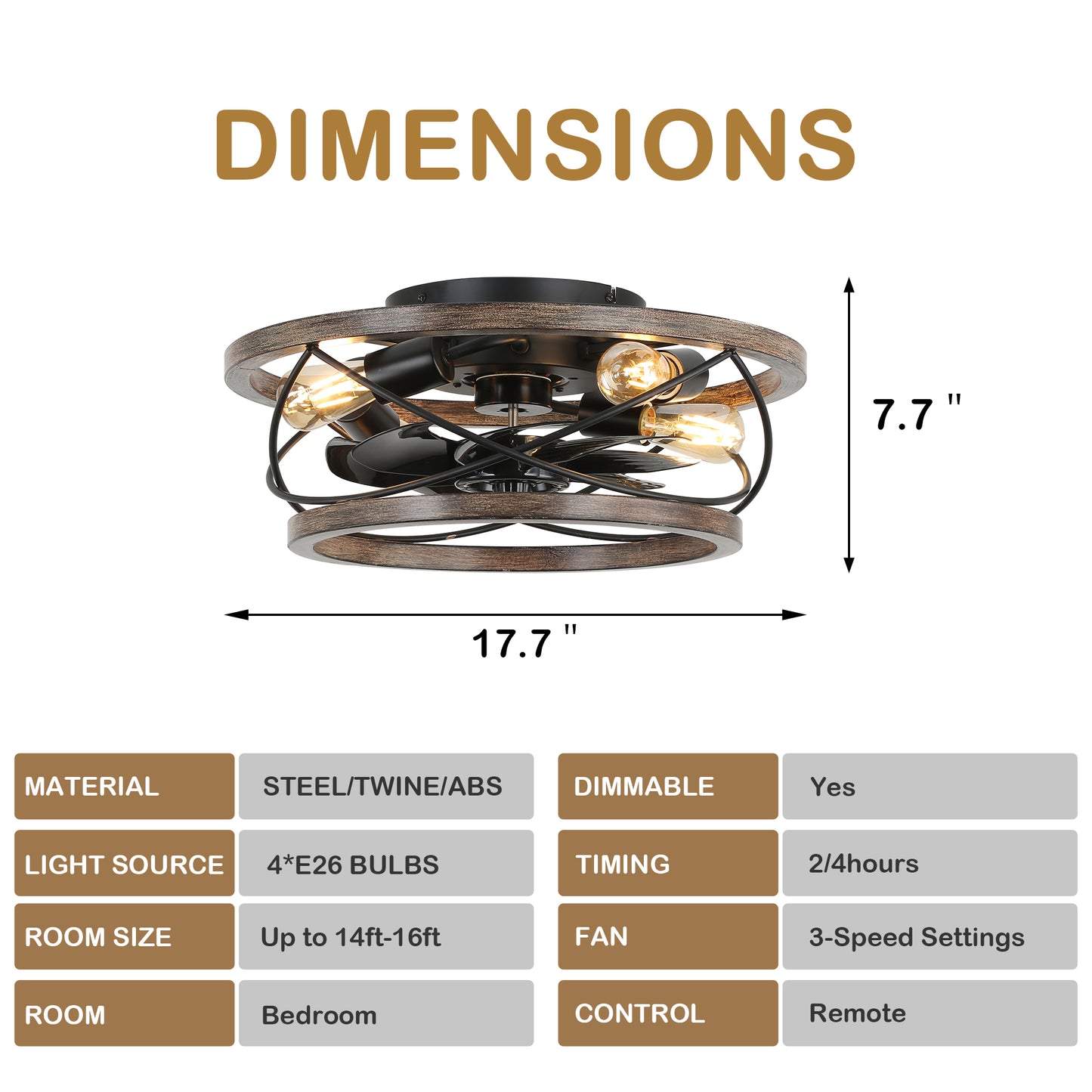 BD1809-BellaDepot 18" Farmhouse Bladeless Reversible Caged Ceiling Fan with Remote and 4 Lights