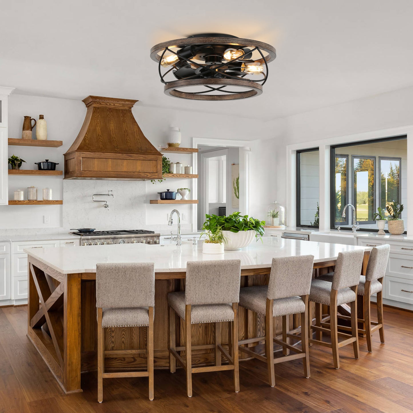 BD1809-BellaDepot 18" Farmhouse Bladeless Reversible Caged Ceiling Fan with Remote and 4 Lights