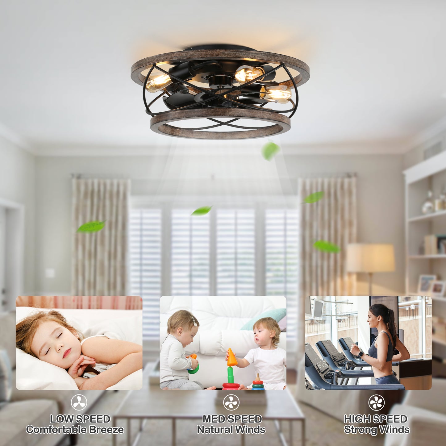 BD1809-BellaDepot 18" Farmhouse Bladeless Reversible Caged Ceiling Fan with Remote and 4 Lights