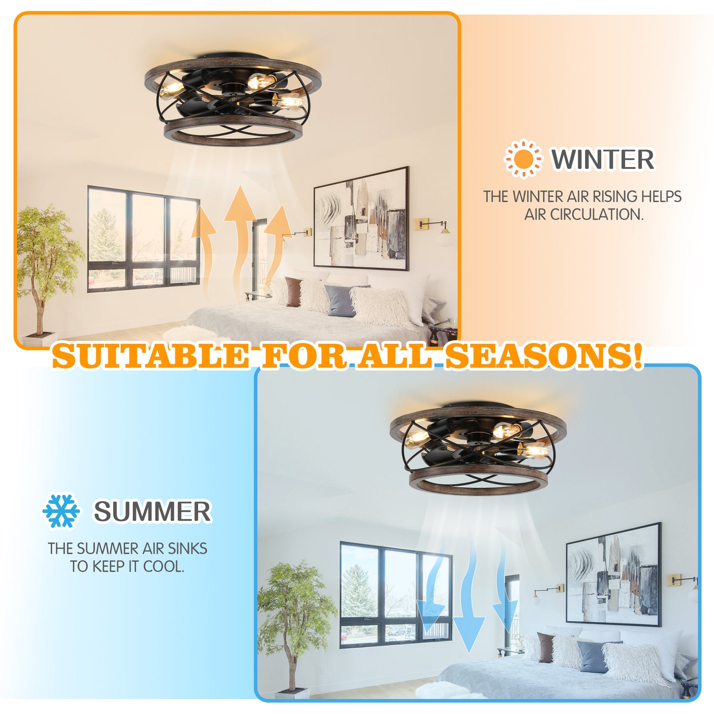 BD1809-BellaDepot 18" Farmhouse Bladeless Reversible Caged Ceiling Fan with Remote and 4 Lights