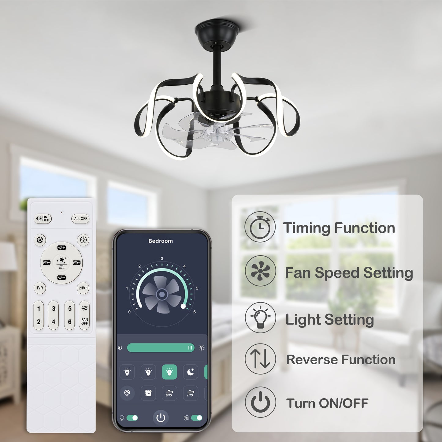 DC1902-BellaDepot 18.9" Urban Modern Bladeless Reversible Ceiling Fan with Remote and LED Light Kit Included, 6 Speeds Ceiling Fan