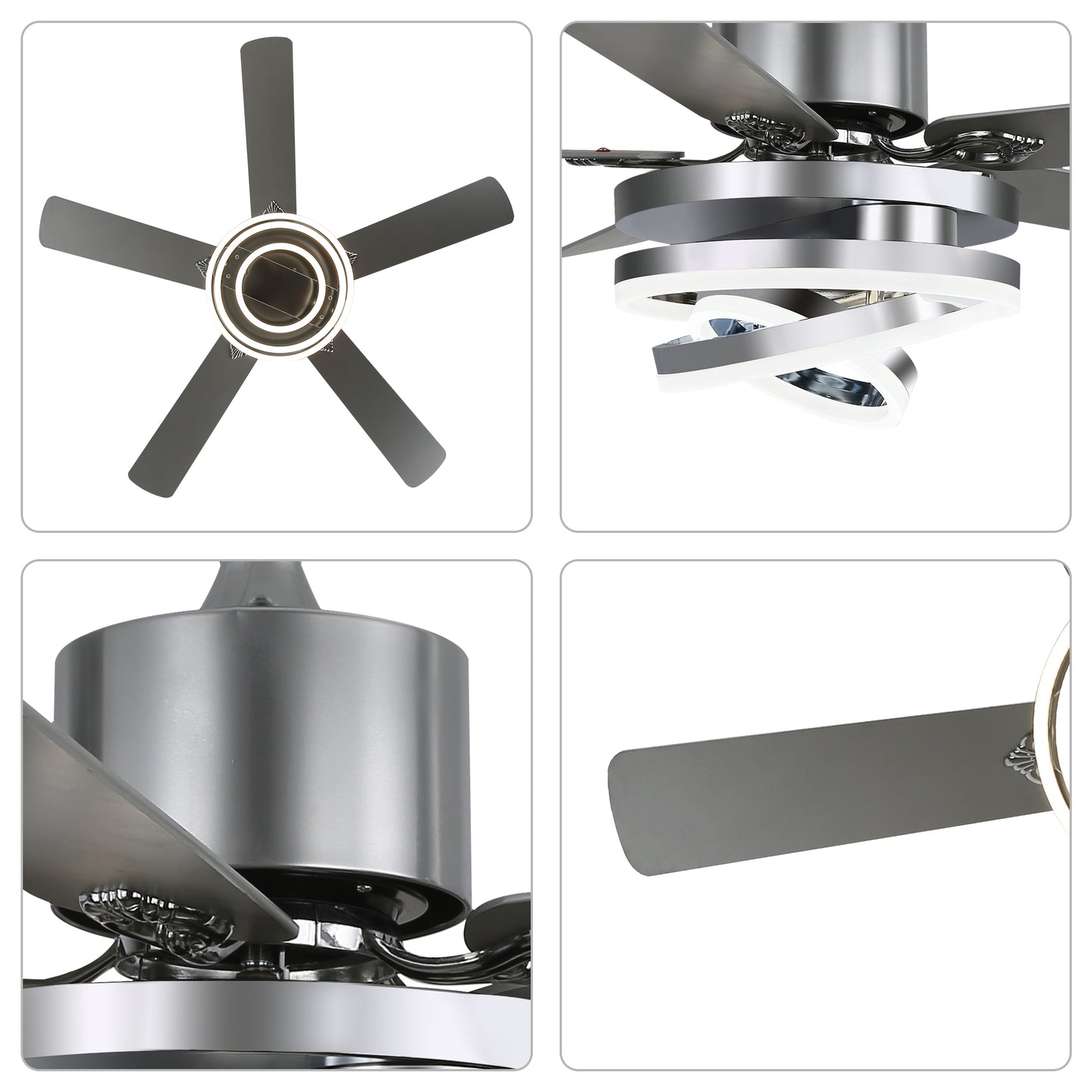 DC2062-BellaDepot 52" Black/Silver Finish Dimmable Ceiling Fan with Remote and LED Light Kit Included, 6-speed Ceiling Fan