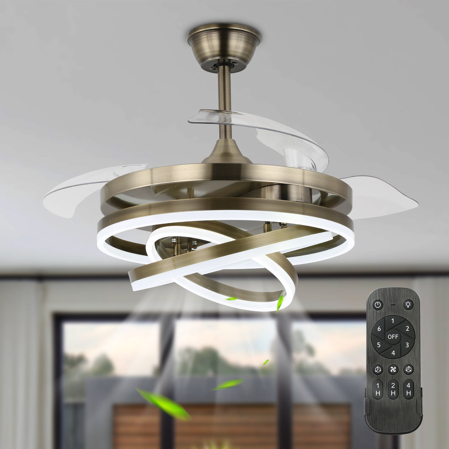 DC3664-BellaDepot 36" Chrome/Nickel/Brown DIY Shape Reversible Ceiling Fan with Remote and LED Light Kit Included, Retractable Ceiling Fan