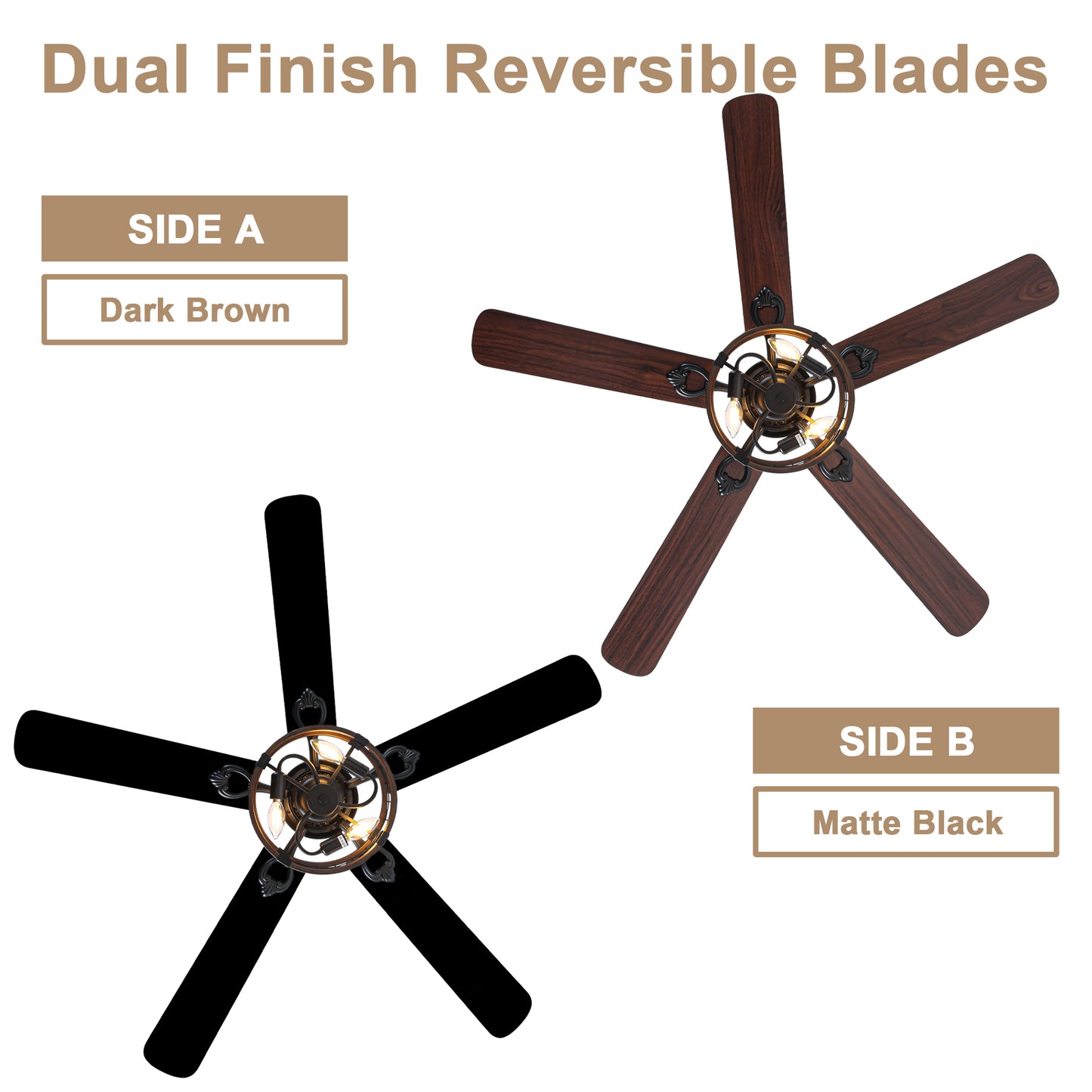 BellaDepot 52" Farmhouse Brown Caged Ceiling Fan with Remote Control, 5 Blades Standard Ceiling Fan with Lights - DC5220