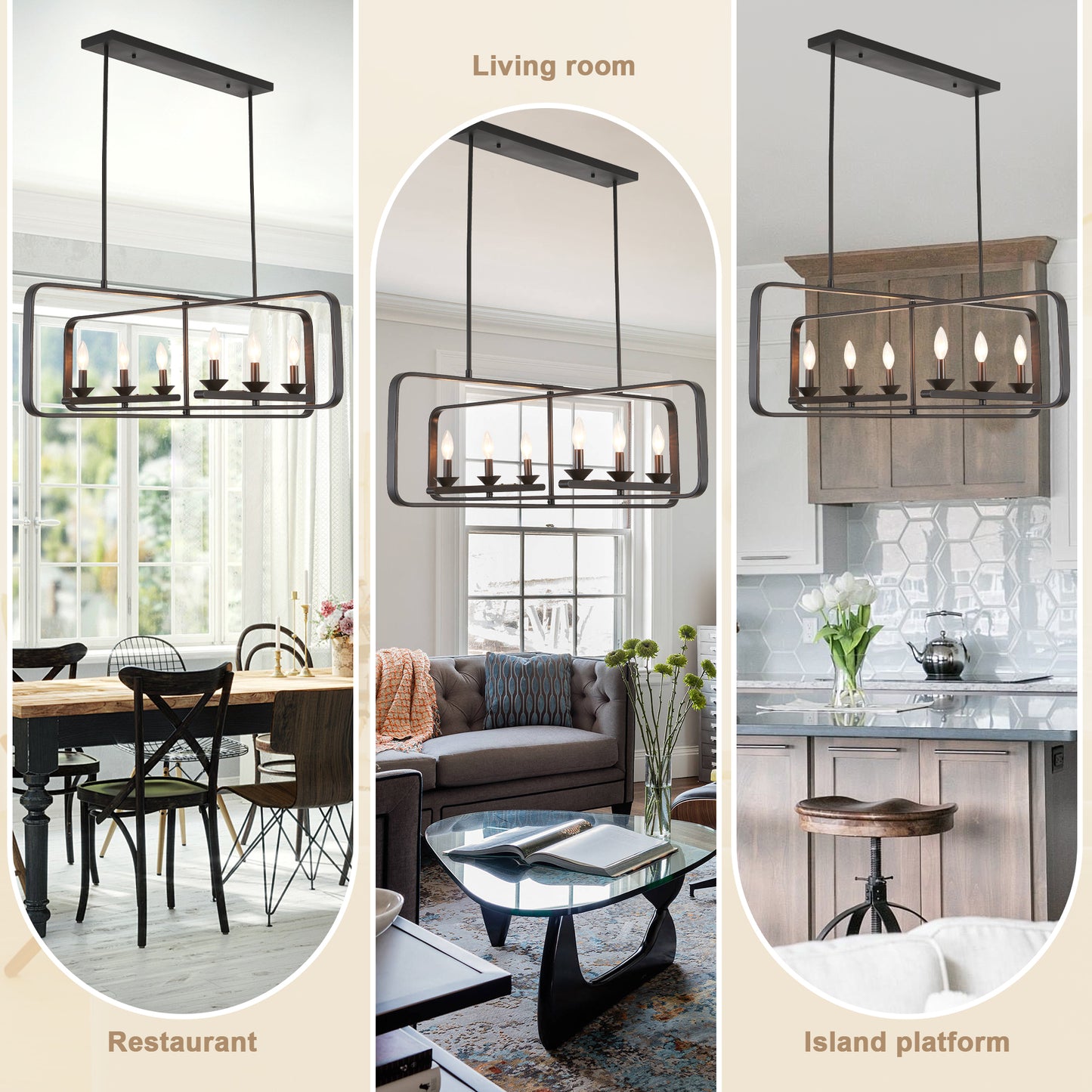 FC4110-6 Lights Geometric Wood Chandelier, Height Adjustable Home Decoration Pendant Light