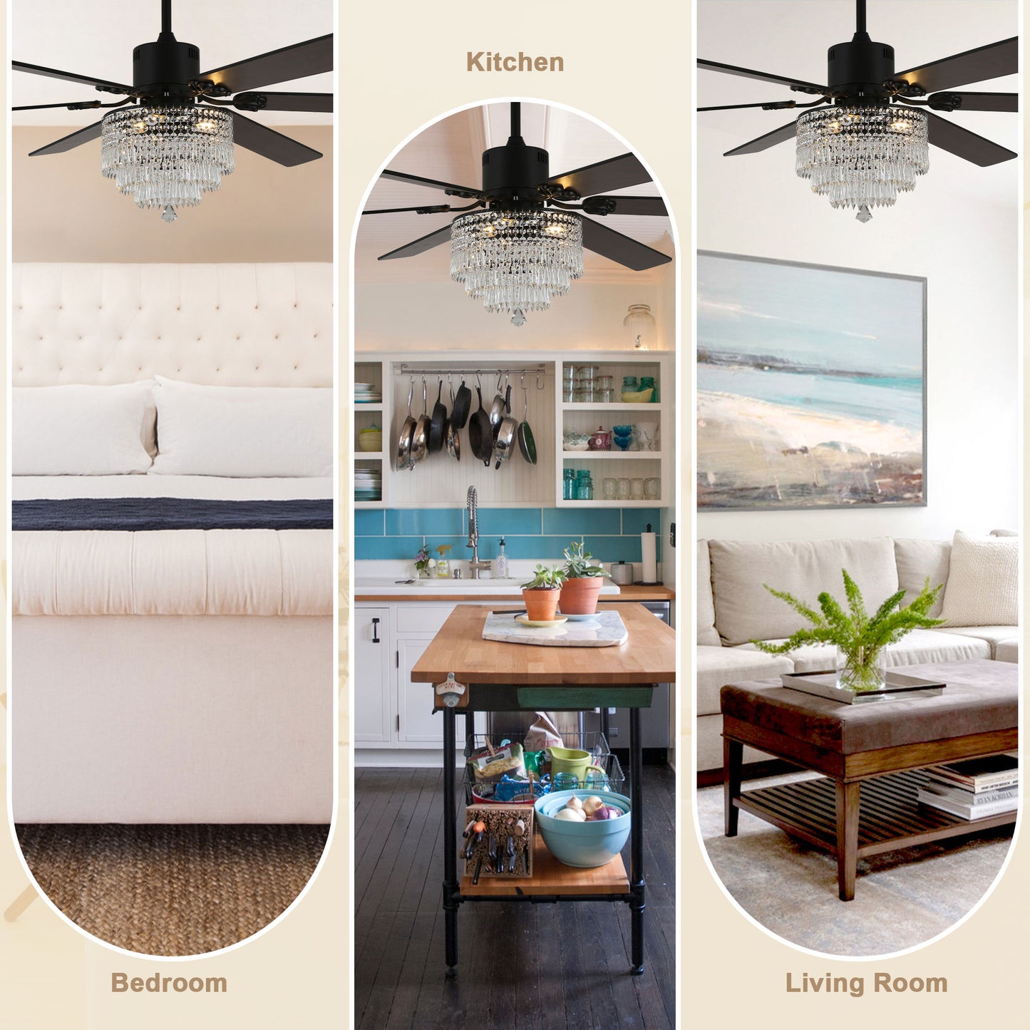 DC6502-65" Black/Silver Finish Metal Crystal Wooden Reversible Ceiling Fan with Remote and 3 Lights, Large Size Ceiling Fan