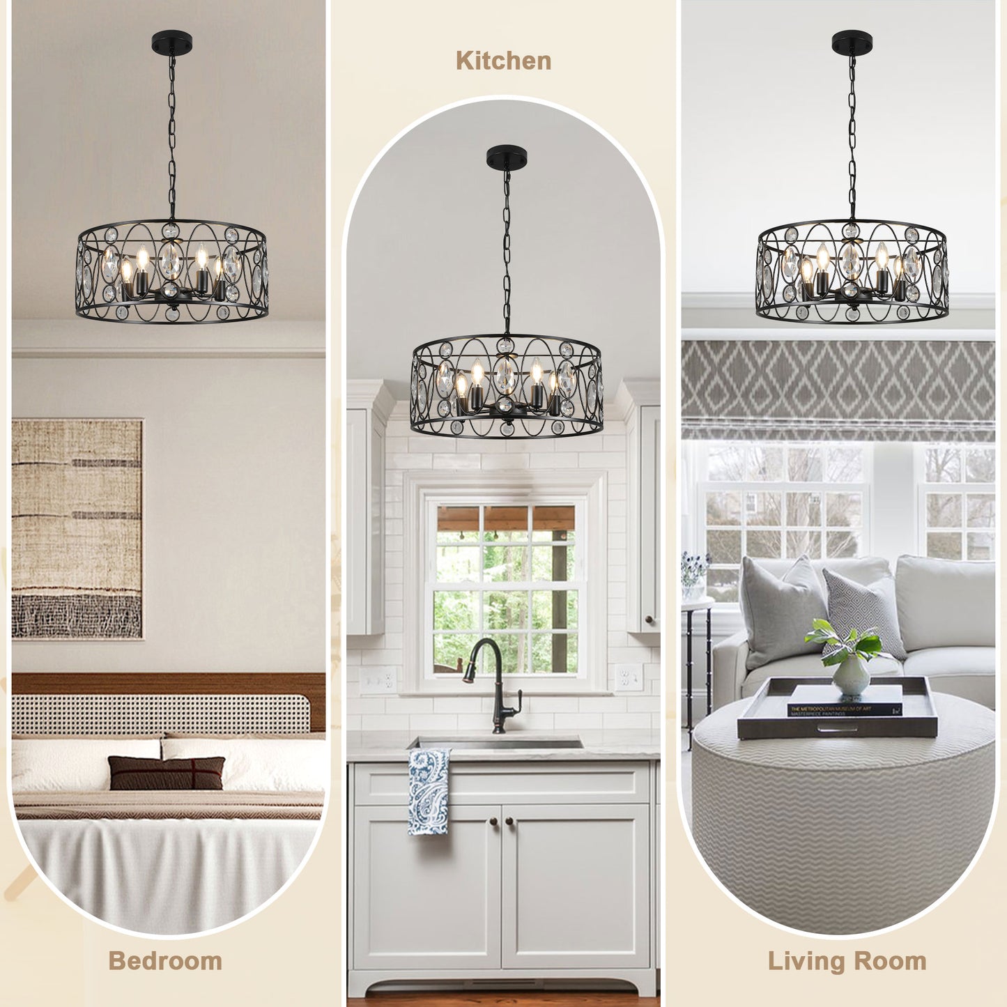 FC4086-5 Lights Black/Silver Finish Glamorous Crystal Geometric Chandelier, Height Adjustable Iron Pendant Light
