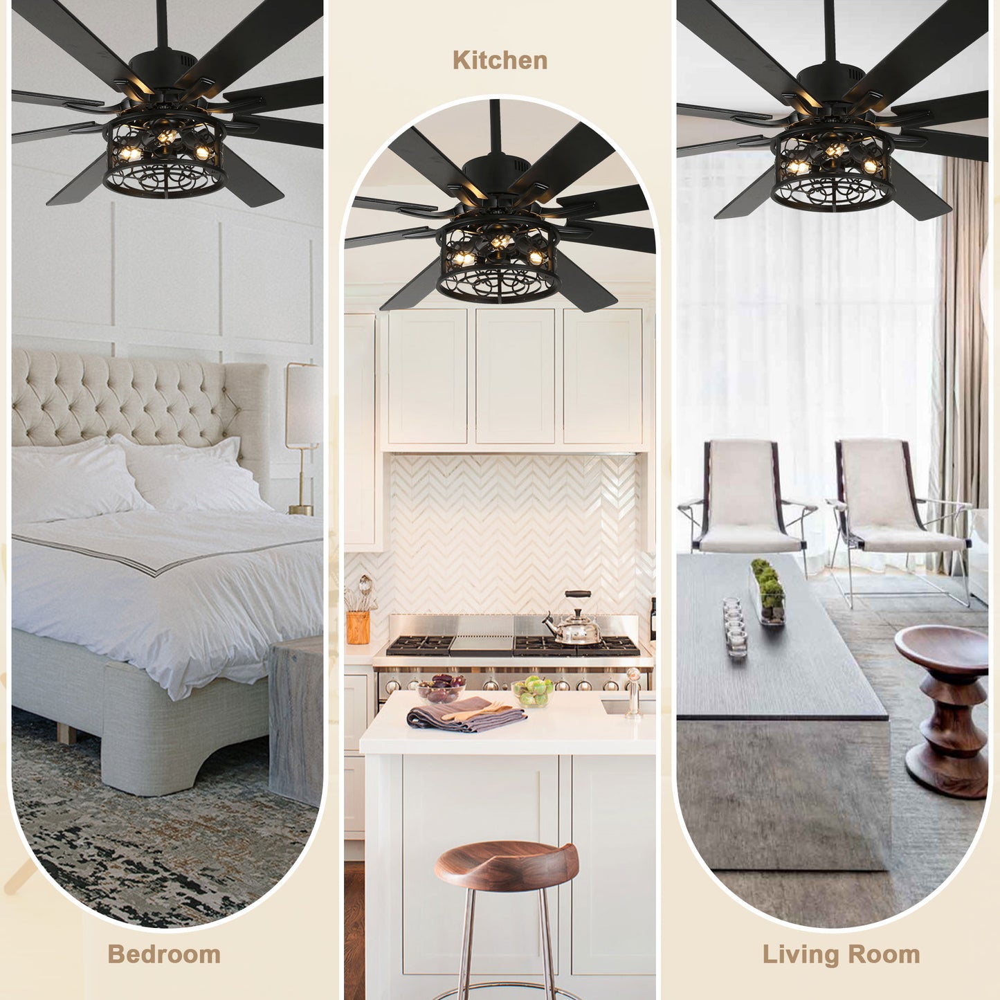 DC7201-72" 8 Wooden Blades White/Black Farmhouse Reversible Ceiling Fan with Remote and 3 Lights, Large Size Ceiling Fan