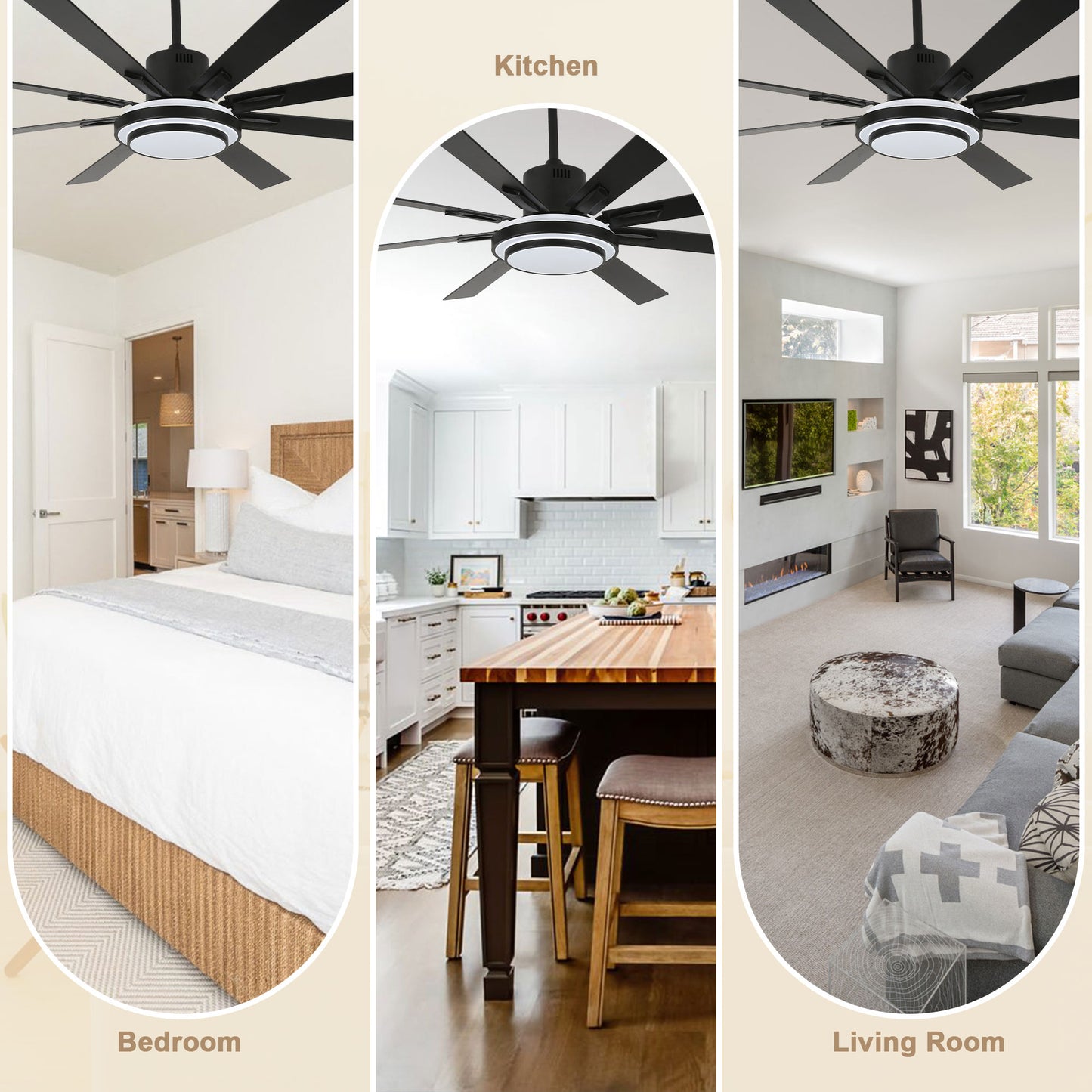 DC7206-BellaDepot 72" Black/Silver/Gold Finish Modern Urban Wood Reversible Ceiling Fan with Remote and LED Light Kit Included, Large Size Ceiling Fan