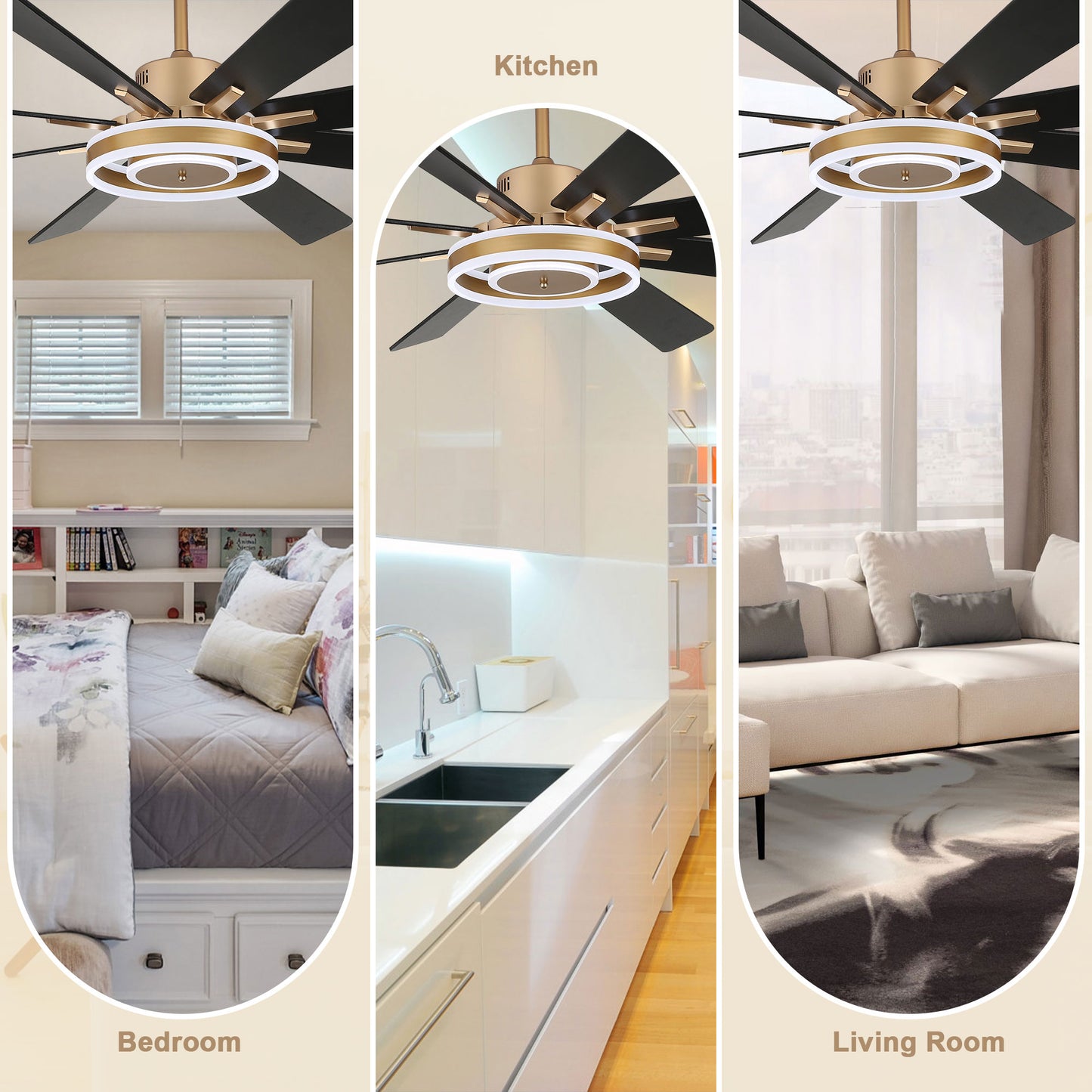 DC7202-BellaDepot 72" 8 Wooden Blades Gold/Black/Silver Finish Modern Urban Reversible Ceiling Fan with Remote and LED Light Kit Included, Large Size Dimmable Ceiling Fan