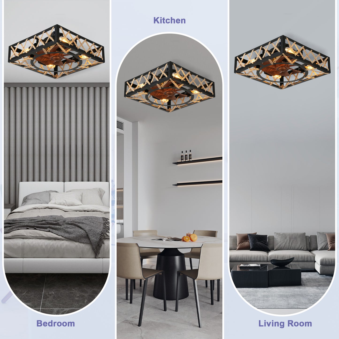 DC1817-BellaDepot 18.1" Rectangular Shape Flush Mounted Reversible Ceiling Fan with Remote and 4 Lights, 6-speed Ceiling Fan