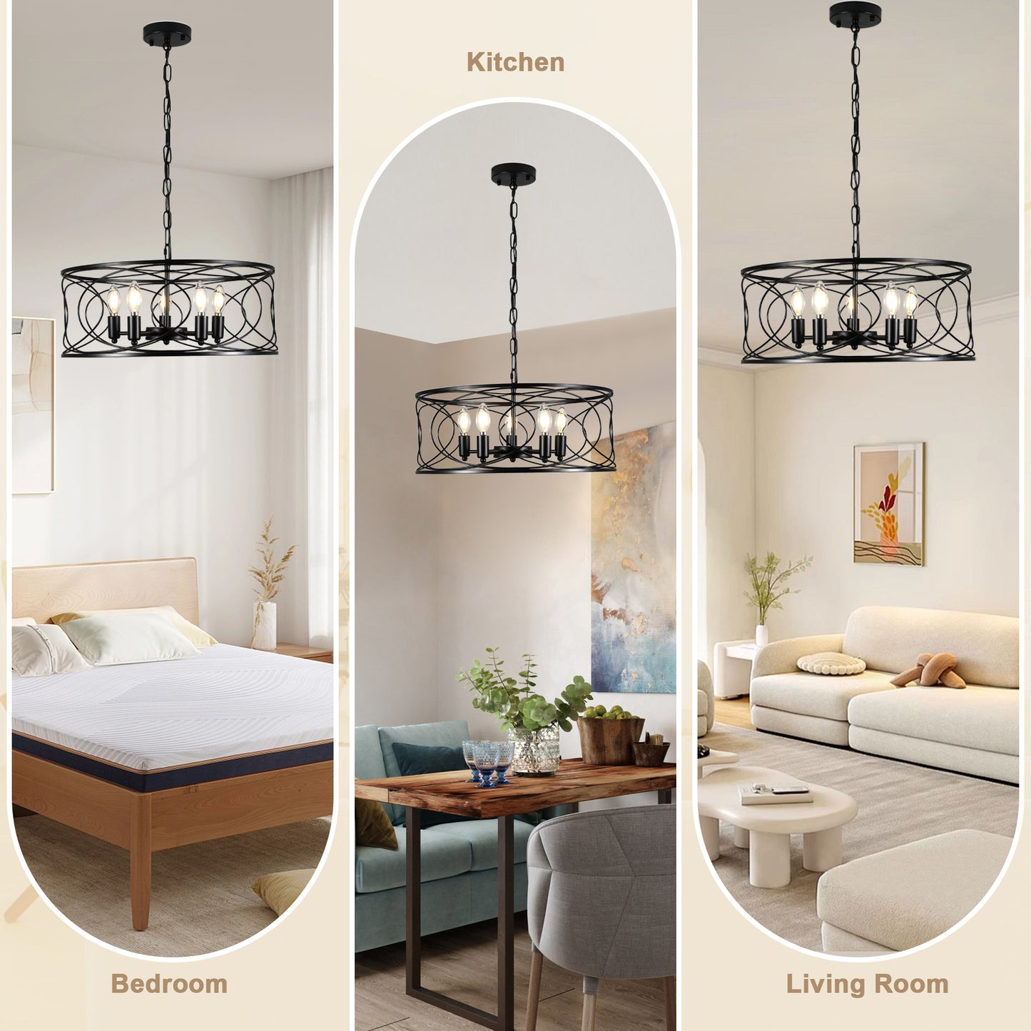 FC4078-5 Lights Black/Silver Finish Simple Linear Metal Caged Chandelier, Geometric Pendant Light with and Adjustable Chain