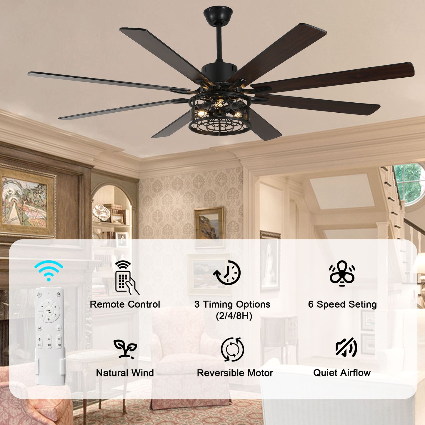 DC7201-72" 8 Wooden Blades White/Black Farmhouse Reversible Ceiling Fan with Remote and 3 Lights, Large Size Ceiling Fan