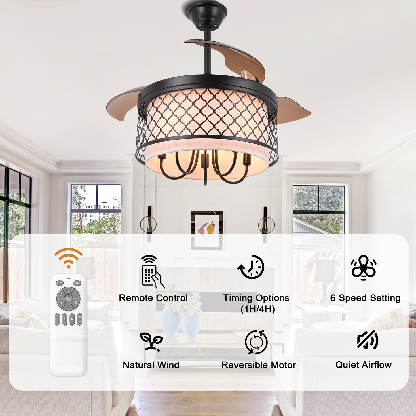 DC4271-B-BellaDepot 42" Vintage Chandelier Fan with Fabric and Metal Decor, Caged Ceiling Fan with Remote Control and Lights