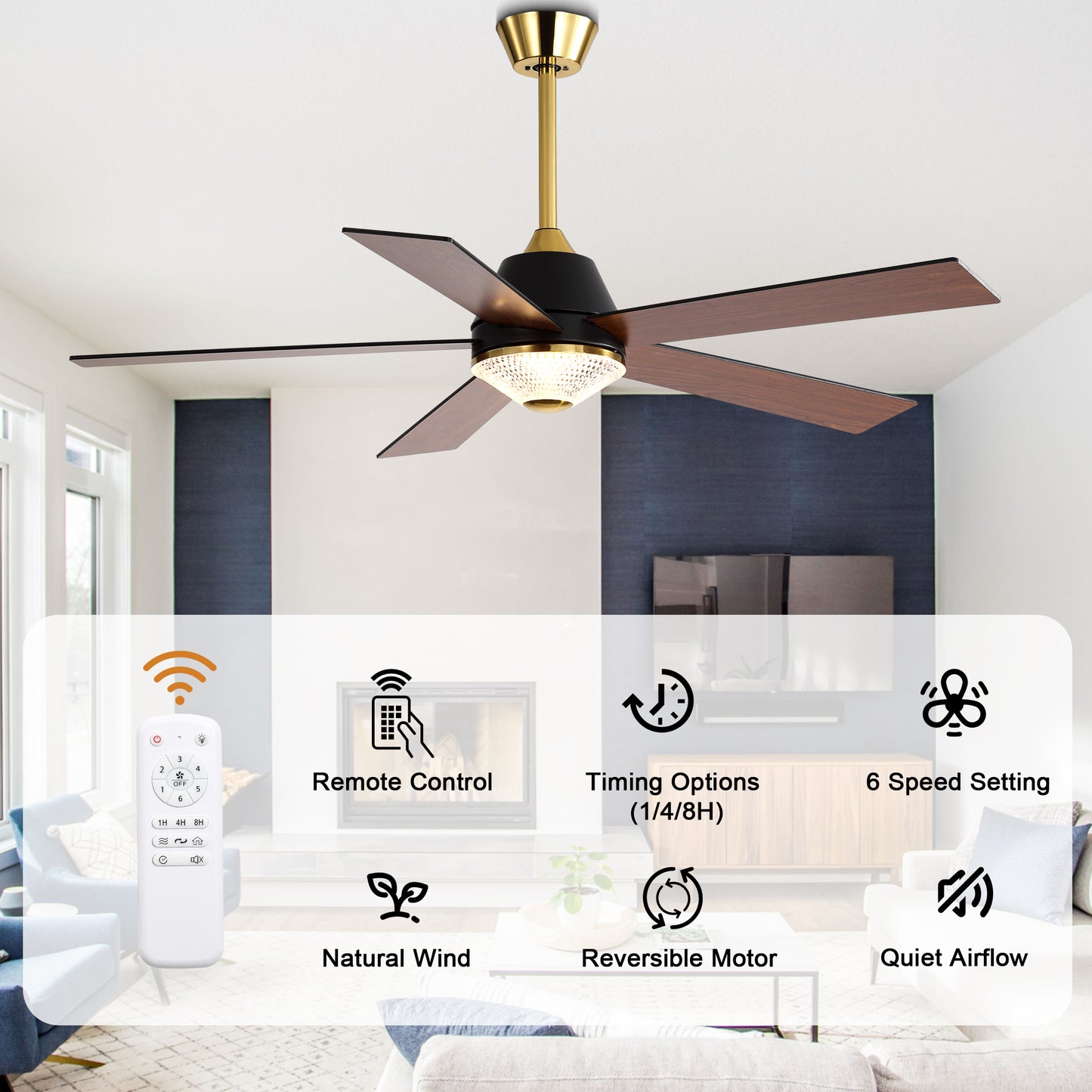 HWJ5218-52" 5 Wooden Blades Modern Reversible Ceiling Fan with Remote, 6-speed Bedroom Ceiling Fan