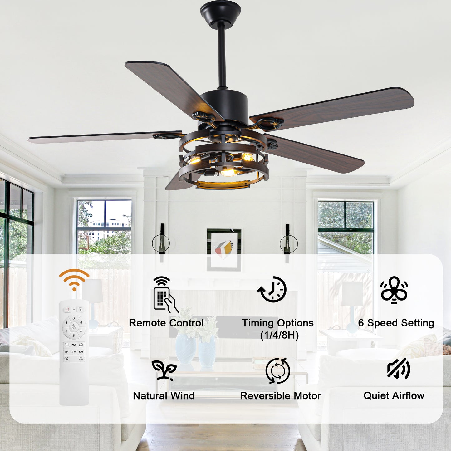 BellaDepot 52" Farmhouse Industrial Brown Ceiling Fan with Remote Control, 6 Speeds Ceiling Fan with Lights for Living Room- DC5224