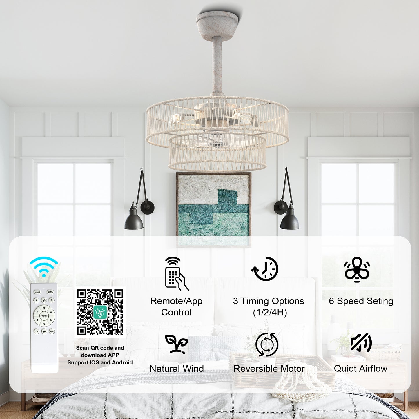 DC2030-BellaDepot 19.7" Hokkaido Distressed White Finish Simple Style Reversible Ceiling Fan with Remote and 4 Lights, 6-speed Bladeless Ceiling Fan