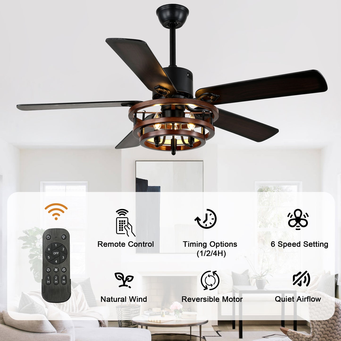BellaDepot 52" Farmhouse Brown Ceiling Fan with Remote Control, 5 Blades Standard Ceiling Fan with Lights - DC5219