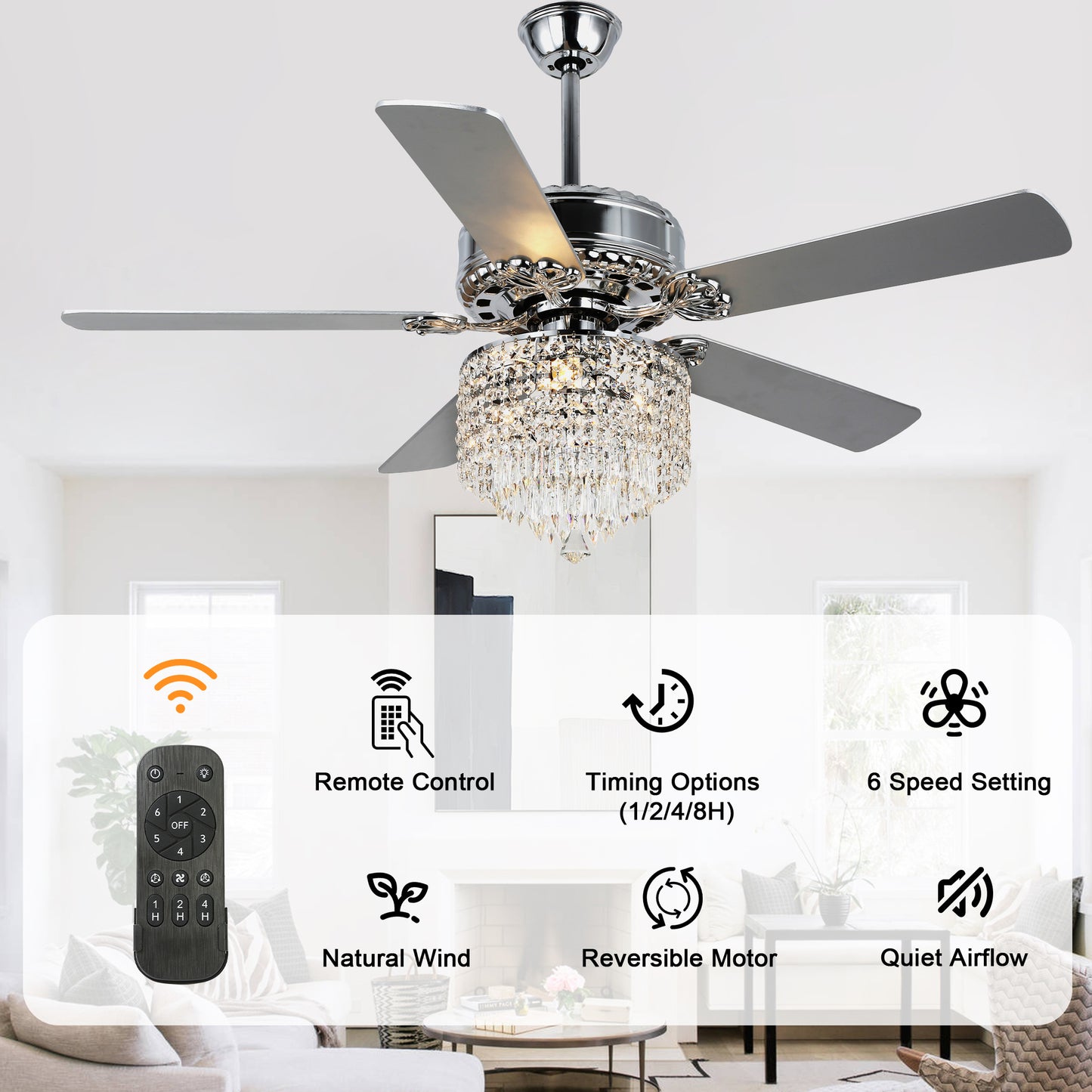 DC2017-BellaDepot 52" Luxury Crystal Chandelier Ceiling Fan with Remote and 3 Lights, Large Size Ceiling Fan