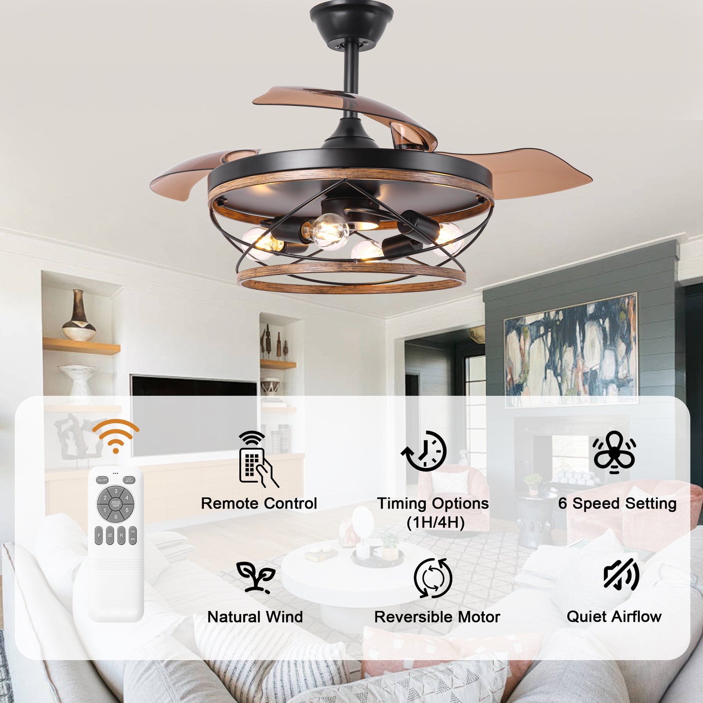 BellaDepot 42" Farmhouse Brown Retractable Ceiling Fan with Remote Control, Invisible Blades Ceiling Fan with Lights - DC4270