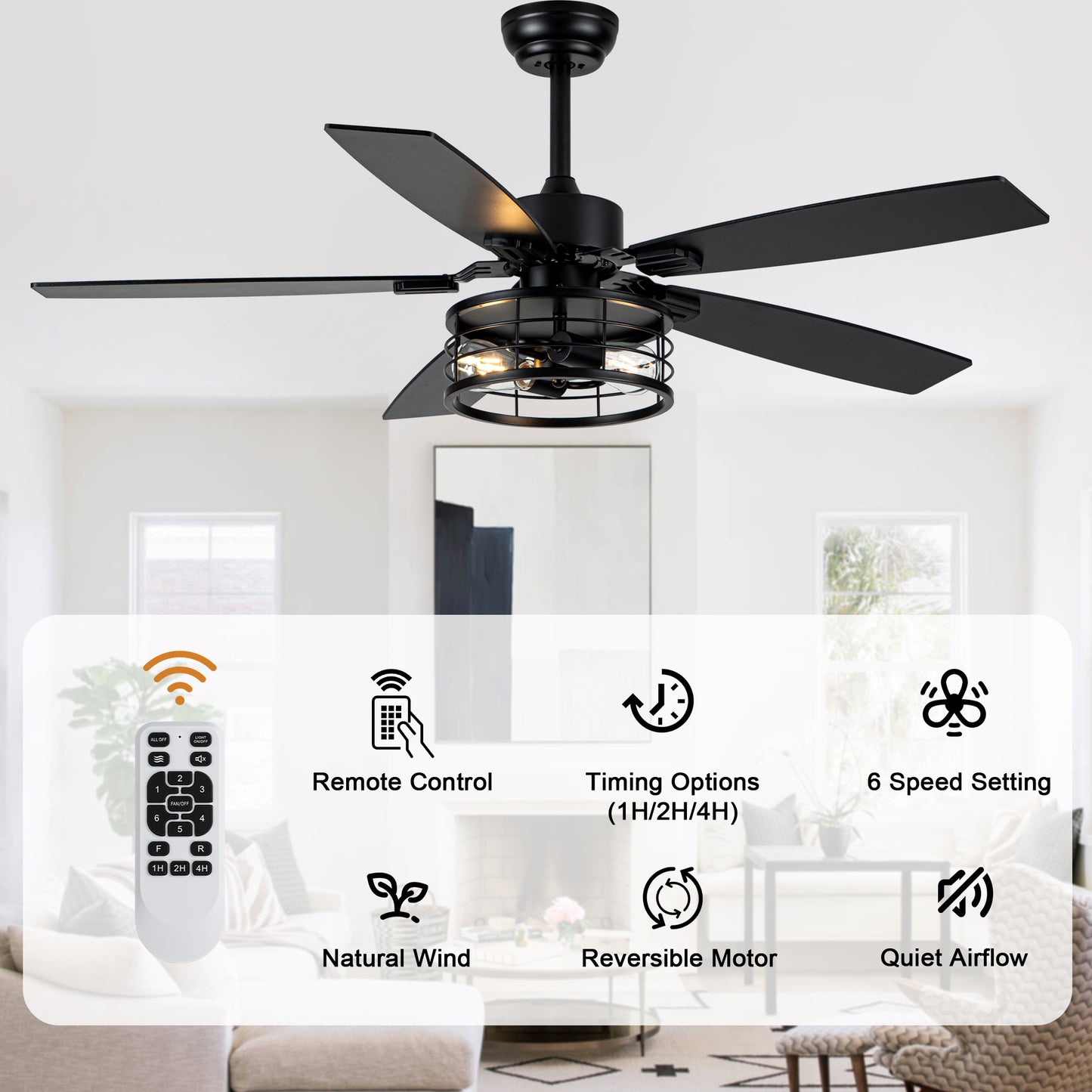 MD-FS8930XL-BellaDepot 52" Industrial Metal Caged Fan Lights with Remote Control, Silent DC Motor Ceiling Fan for Any Seasons