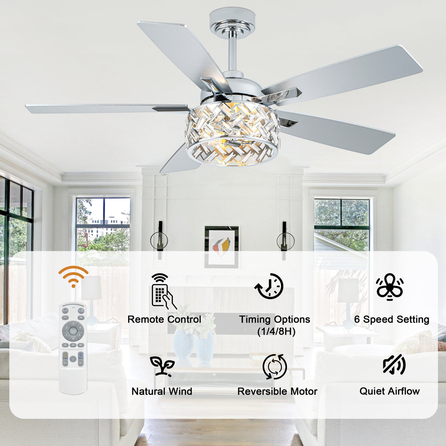 BellaDepot 52" Luxury Crystal Caged Chrome Ceiling Fan with Remote Control, 6 Speeds Ceiling Fan with Lights for Living Room- DC5228-MD