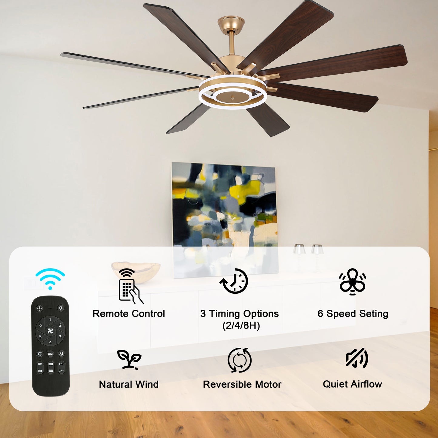 DC7202-BellaDepot 72" 8 Wooden Blades Gold/Black/Silver Finish Modern Urban Reversible Ceiling Fan with Remote and LED Light Kit Included, Large Size Dimmable Ceiling Fan