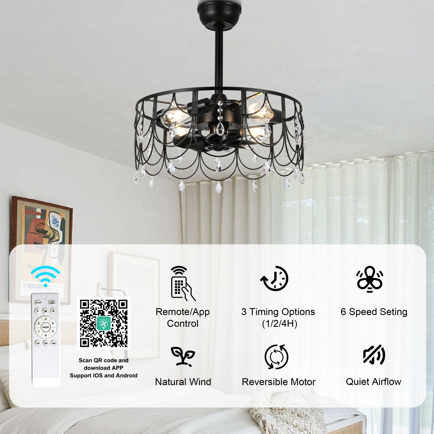 DC2105-20.8" Black/Silver Finish Luxury Crystal Reversible Ceiling Fan with Remote and 4 Lights, 6-speed Bladeless Ceiling Fan