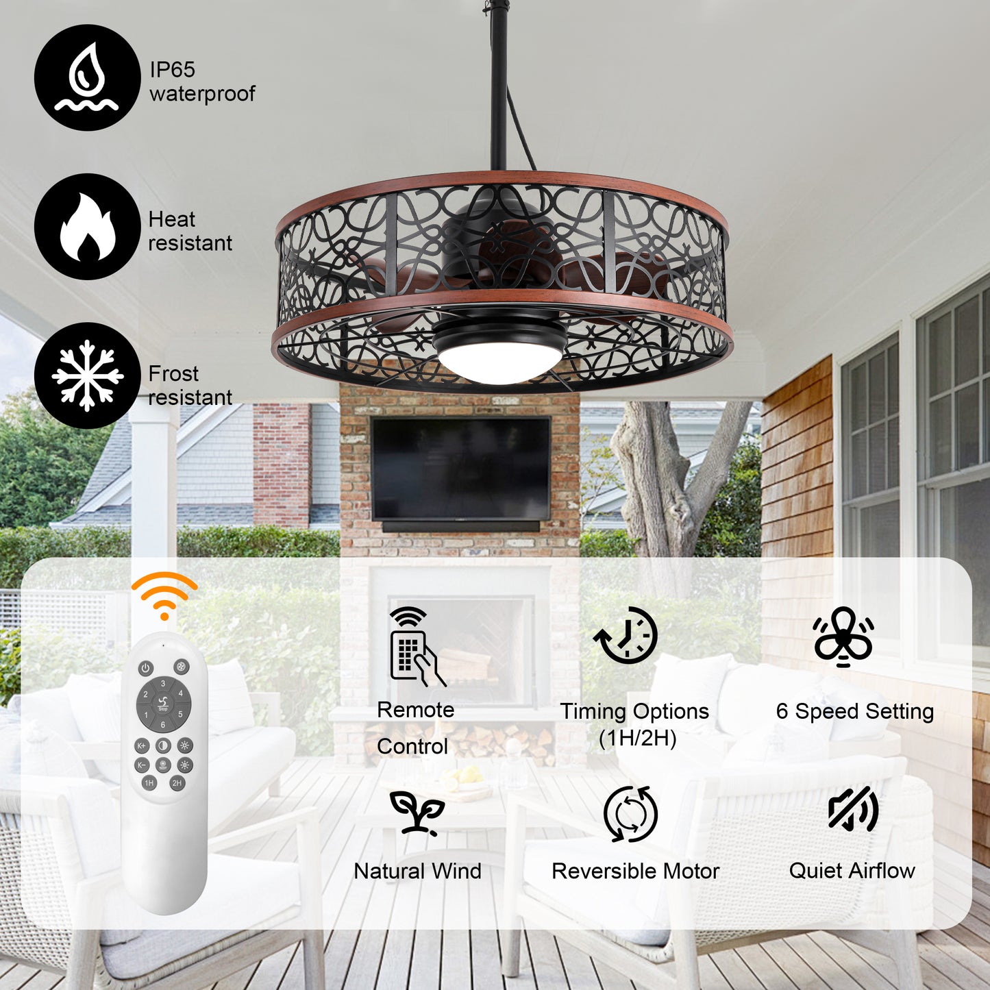 HW2310-GED-BellaDepot 24" Outdoor Iron Carving Caged Ceiling Fan with Remote Control, DC Motor 6 Speeds Fan with LED Lights