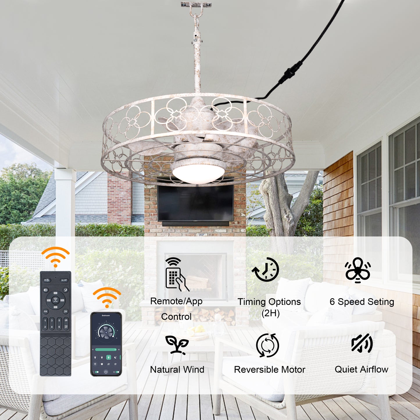 HW2036-BellaDepot 23.6" Distressed White Outdoor Ceiling Fan with Remote and LED Lights, DC Motor 6 Speeds Ceiling Fan