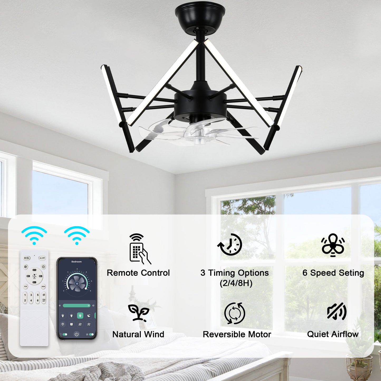 DC2104-18.11" Black Finish Modern Urban Reversible Ceiling Fan with Remote and LED Light Kit Included, Creative DIY Shape Ceiling Fan