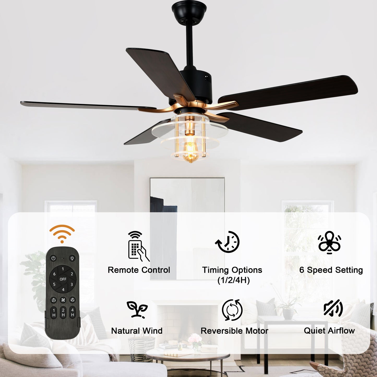 BellaDepot 52" Modern Black or Chrome Acrylic Shade Ceiling Fan with Remote Control, 5 Blades Standard Ceiling Fan with Lights - DC5222-B/C