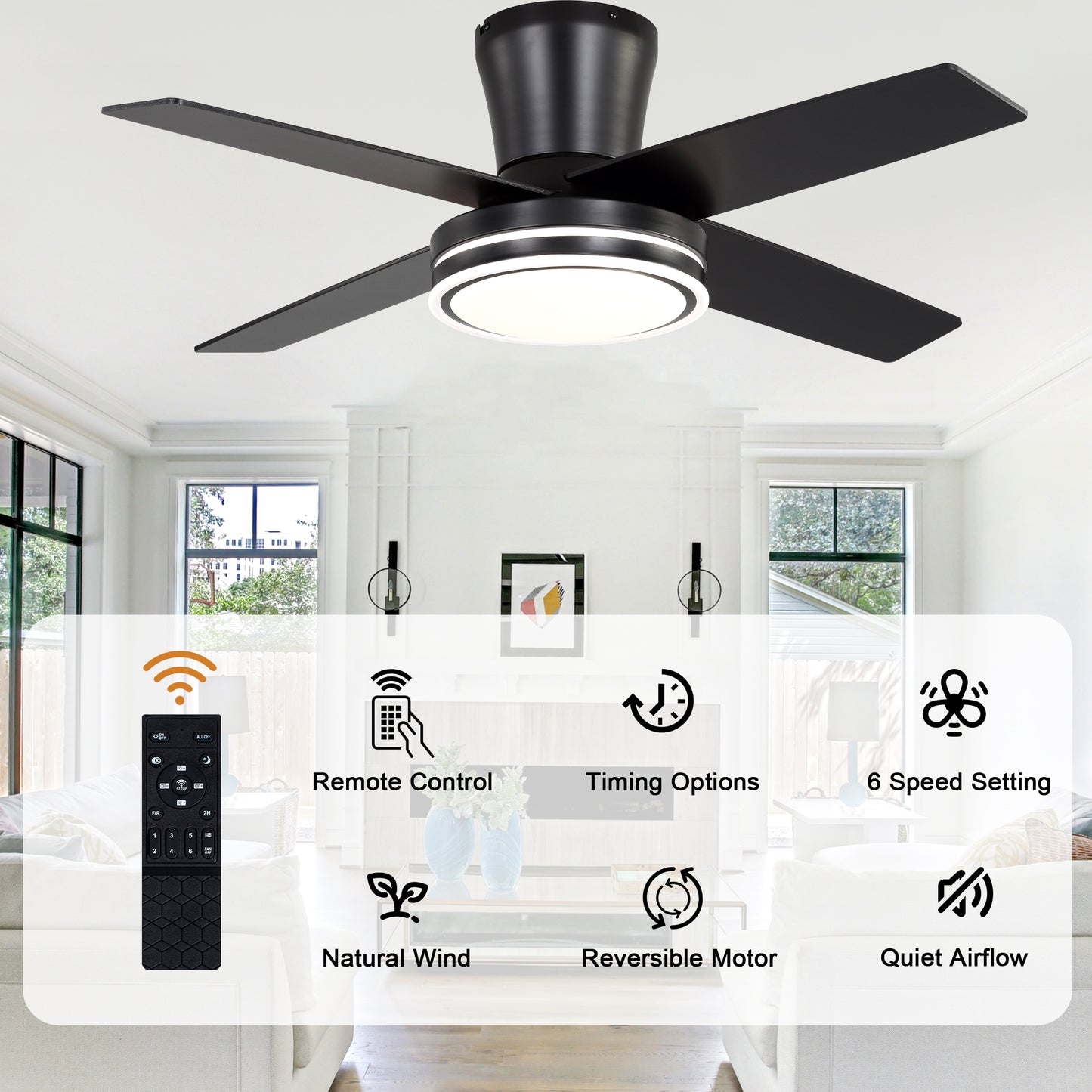 DC4401-B/C-BellaDepot 44" Modern Contemporary Silver or Black LED Ceiling Fan with Remote and Lights, Standard Flush Mount Ceiling Fan for Living Room