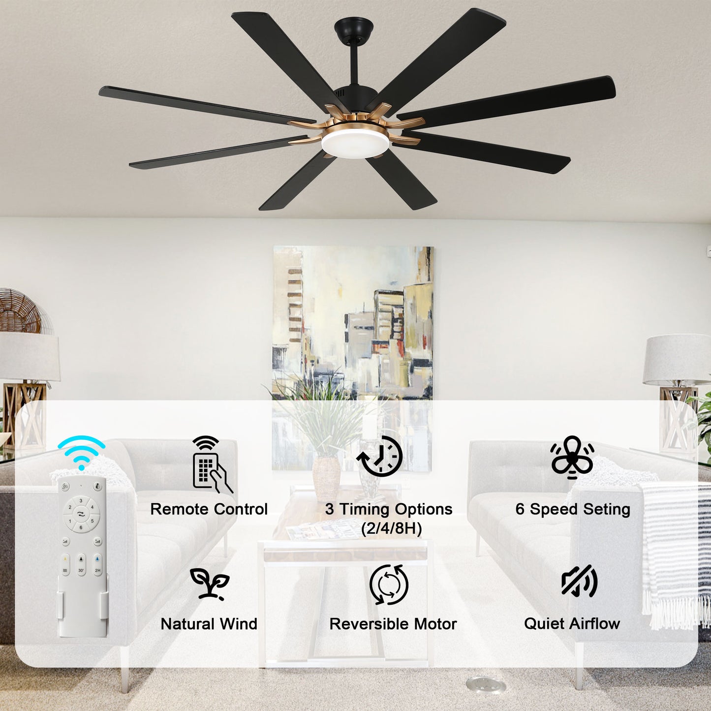 DC7203-72" 8 Blades Black/Silver Finish Modern Urban Reversible Ceiling Fan with Remote and LED Light Kit Included, Large Size Dimmable Ceiling Fan