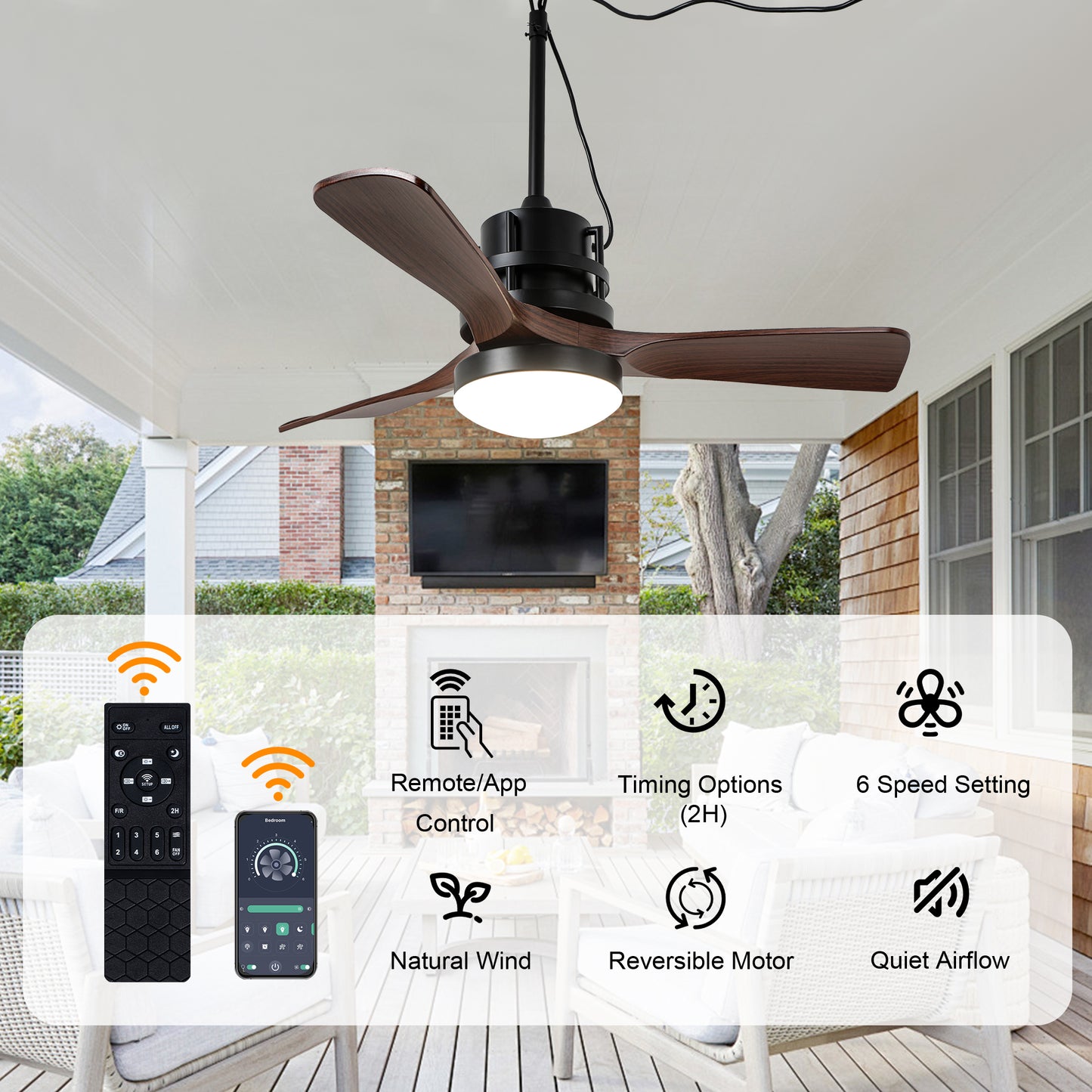 HW4201-GED-BellaDepot 24" Outdoor Modern Farmhouse LED Ceiling Fan with Remote Control, Plug in Ceiling Fan