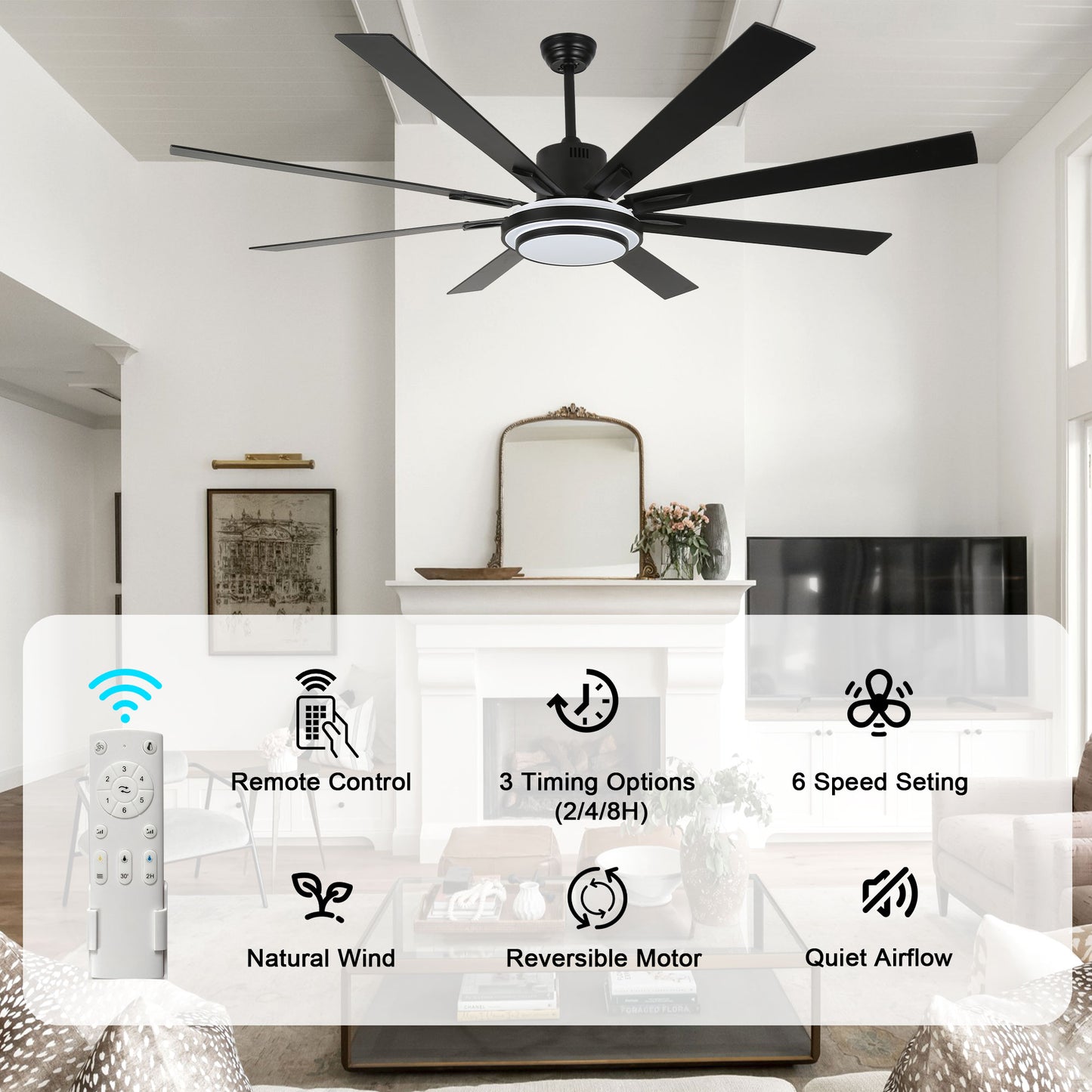 DC7206-BellaDepot 72" Black/Silver/Gold Finish Modern Urban Wood Reversible Ceiling Fan with Remote and LED Light Kit Included, Large Size Ceiling Fan