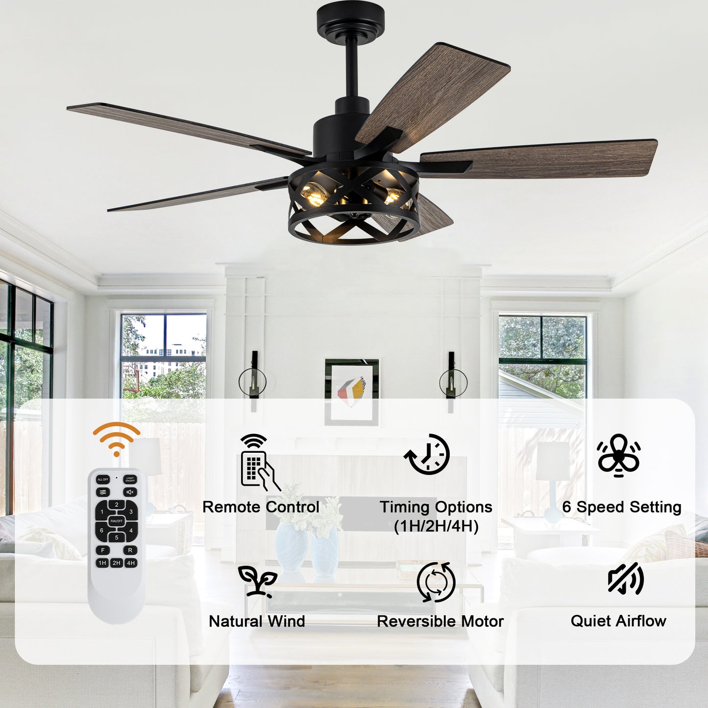 MD-FS8962XL-BellaDepot 52" Industrial Wood Grain Caged Ceiling Fan with Remote and Reversible Blades, Large Size 6-speed Ceiling Fan with Lights