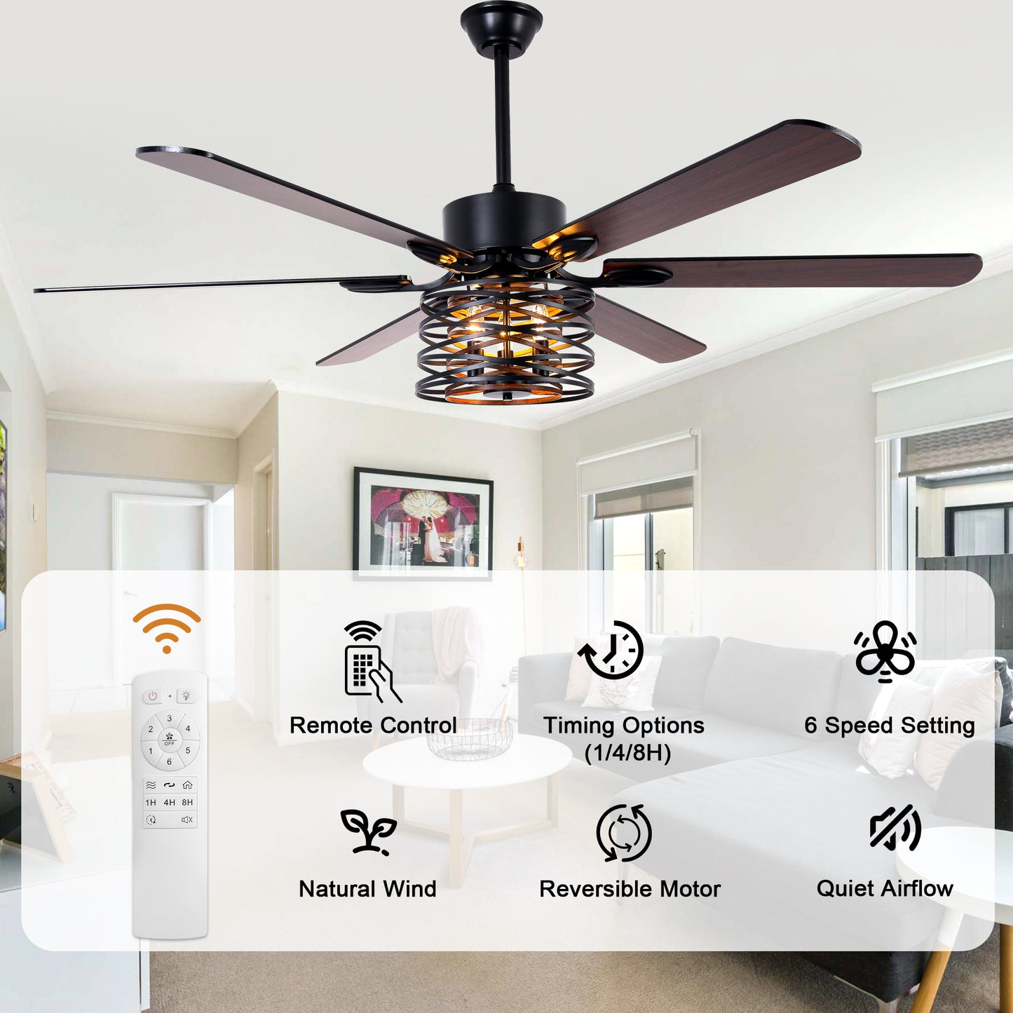BellaDepot 65" Farmhouse Industrial Brown Large Size Ceiling Fan with Remote Control, Silent Motor 6 Speeds Straight Leaf Fan with 3 Lights - DC6507