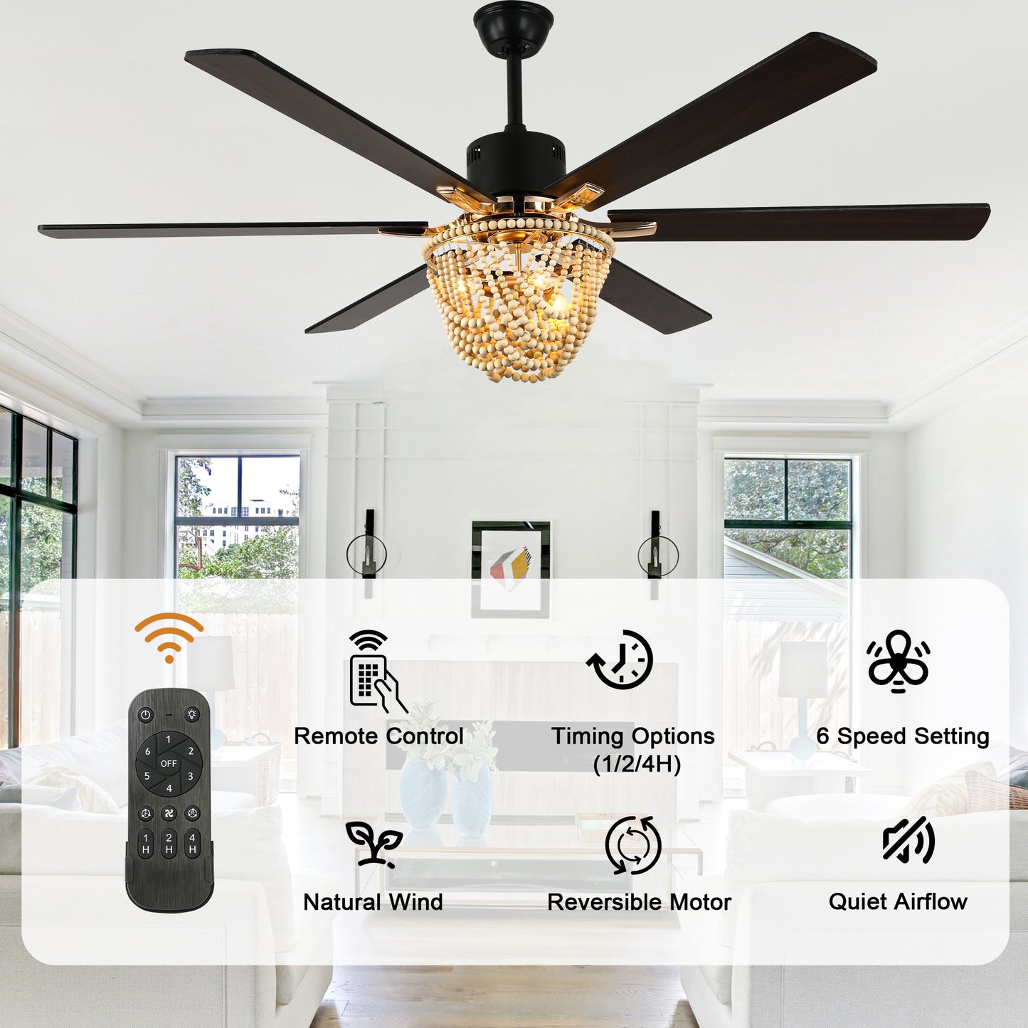 BellaDepot 65" Wood Bead Cottage Large Size Ceiling Fan with Remote Control, Silent Motor 6 Speeds Straight Leaf Fan with 3 Lights - DC6508