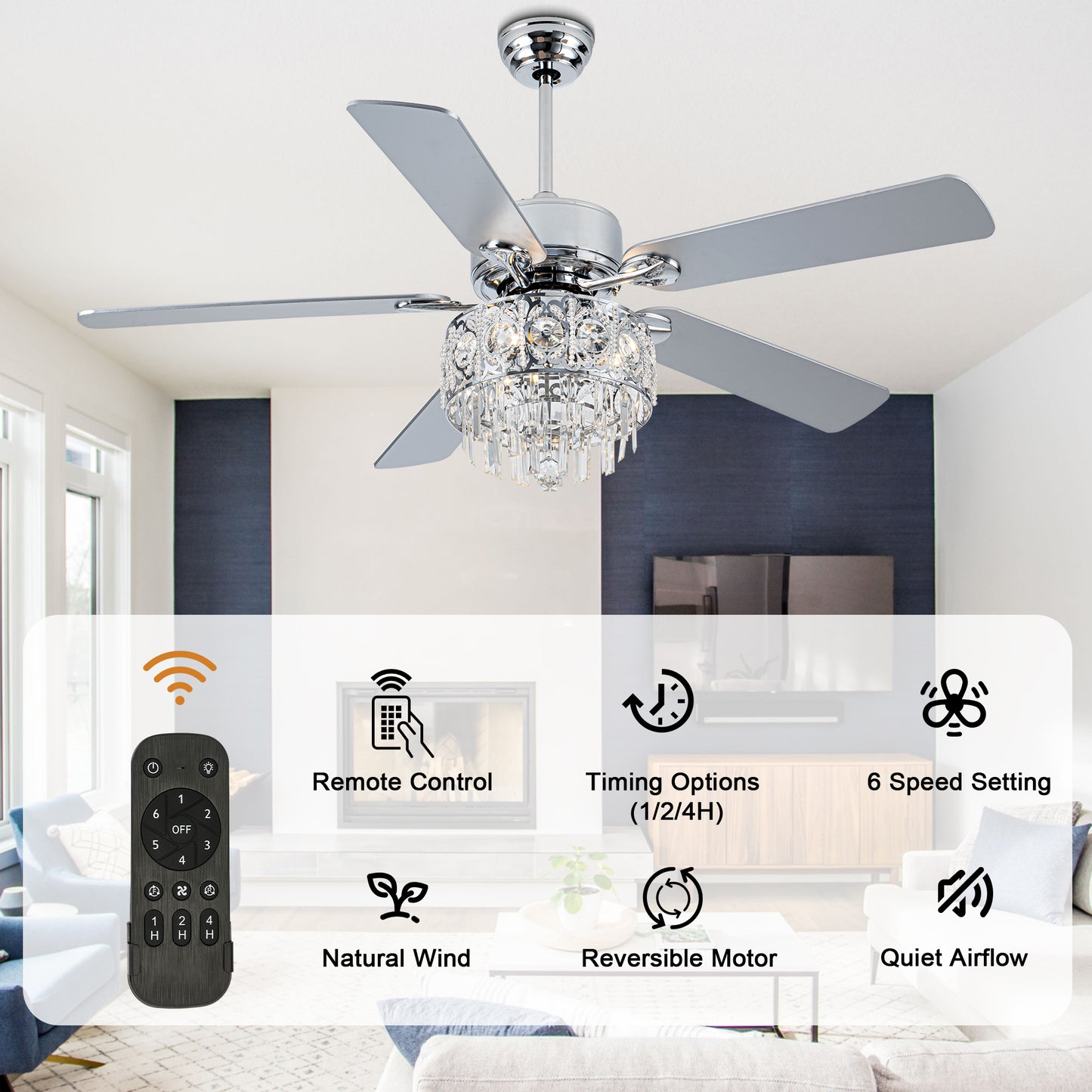 BD2064-52" Silver Finish Deluxe Crystal Reversible Ceiling Fan with 3 Lights and Remote